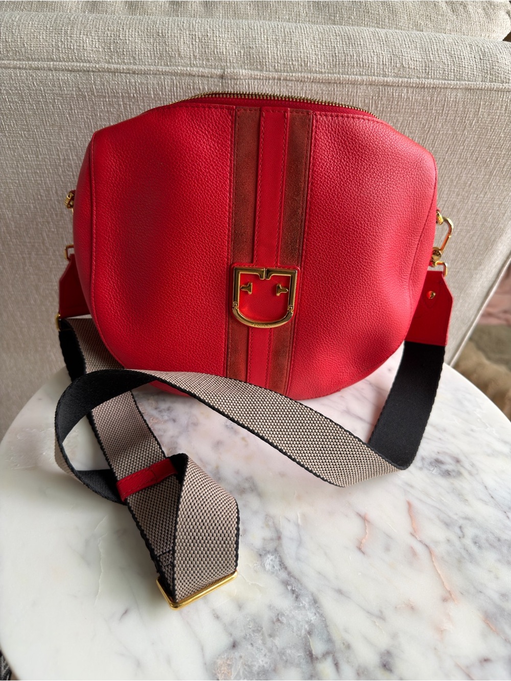 Furla Red Leather Crossbody with Gold Logo Accent